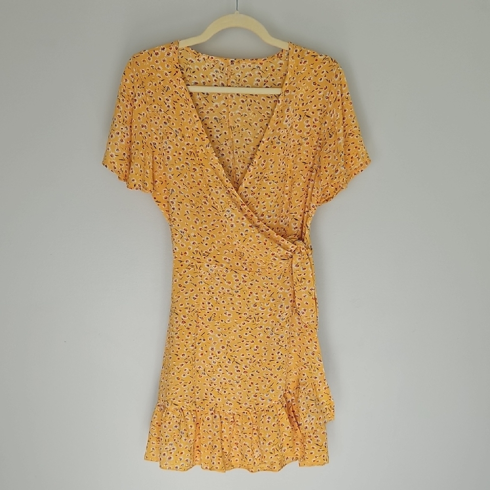Floral Ruffle Hem Wrap Dress Front Waist Tie Knot Deep V Neck in Yellow
